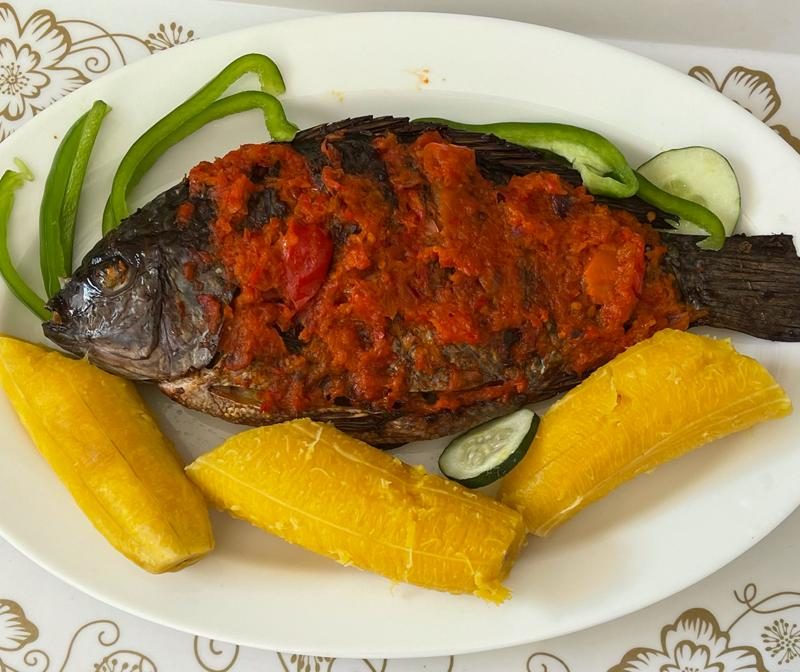 Fish(Whole Tilapia) wet fried + Steam Plaintain