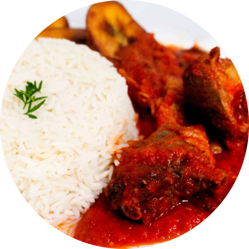 White Rice + Plantain + Chicken stewed