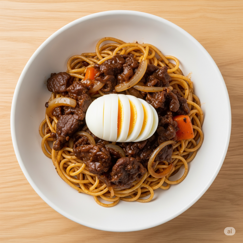 Spaghetti with Fried Beef Stew and Boiled Egg
