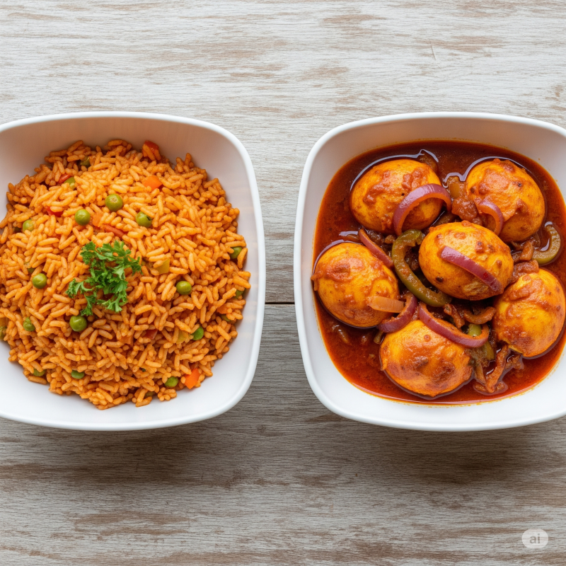 Nigerian Jollof Rice with Boiled Eggs in Sauce